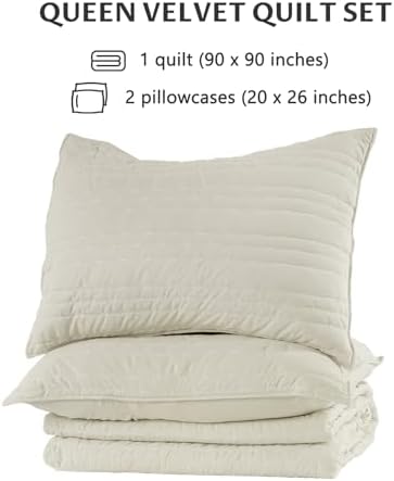 KASENTEX Queen Quilt Set 3 Pieces with Pillow Shams Light Khaki Velvet Bedding