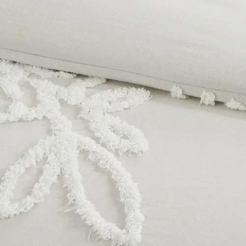 5 Piece Boho Tufted Duvet Cover Set - Ivory Leaf 1