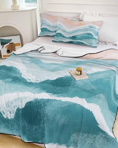 Teal Green Coastal Quilt Set Twin XL with Pillow Covers