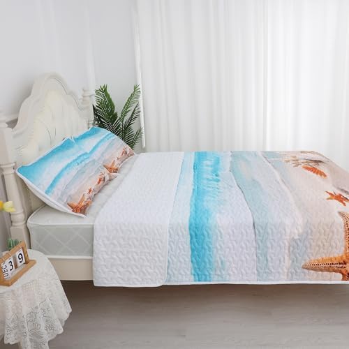 Blue Coastal Quilt Set Twin 2 Pieces Microfiber