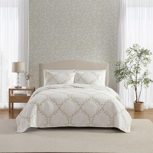 Laura Ashley Twin Quilt Set with Floral Embroidery