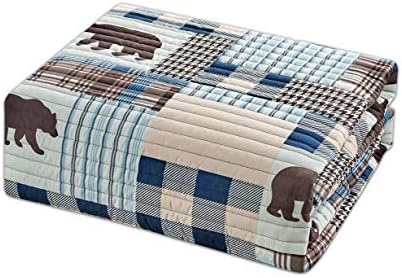 Rustic Farmhouse Bedspread Set with Grizzly Bear Buffalo Plaid Patterns - Twin
