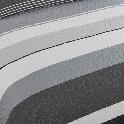 Dinjoy Boho Quilt Set Queen - Black White with Grey Striped