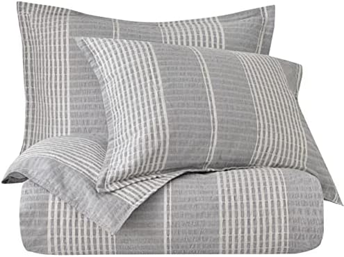 HiEnd Accents 3-Piece Duvet Cover Set Lane Gray White Stripe Seersucker