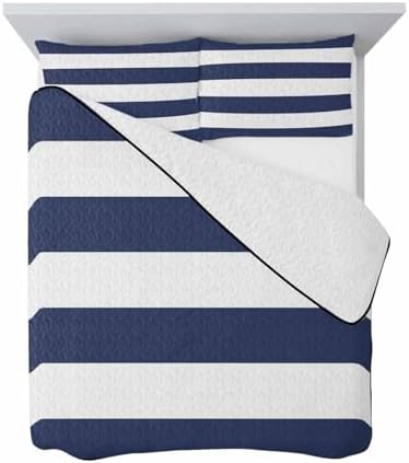 Chees D Zone Twin XL Quilt Set Navy Blue Nautical Stripes
