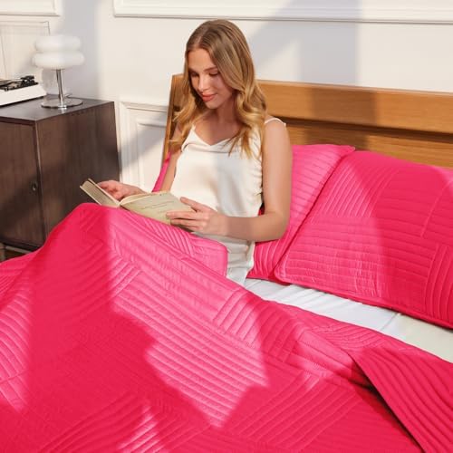 Whale Flotilla Ultra Soft Queen Quilt Set Hot Pink Microfiber 3-Piece Bedding