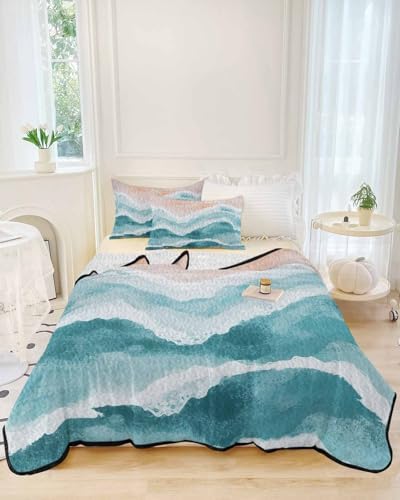 Teal Green Coastal Quilt Set Twin XL with Pillow Covers