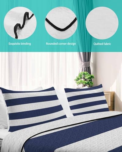 Chees D Zone Twin XL Quilt Set Navy Blue Nautical Stripes