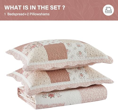 SahSahCasa 128x120 Cotton Patchwork Bedspread Set - Floral Cal King Quilt