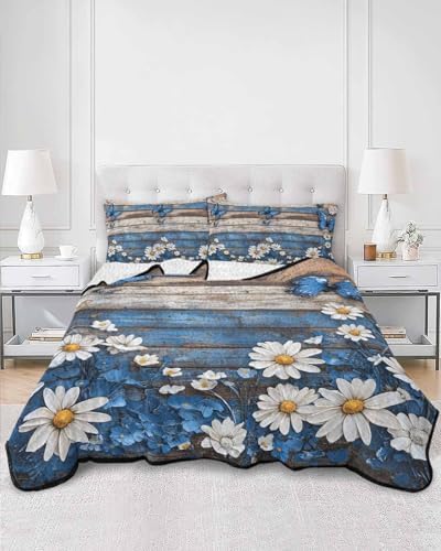RisQiten Twin XL Quilt Set - Blue Butterfly White Daisy Reversible Bedding