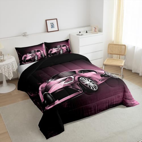Feelyou Sports Comforter Set Pink Race Car Theme 3Pcs
