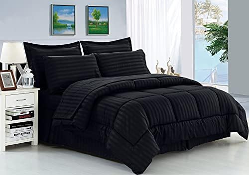 Elegance Linen King 8PC Stripe Comforter Set - Black Wrinkle Resistant