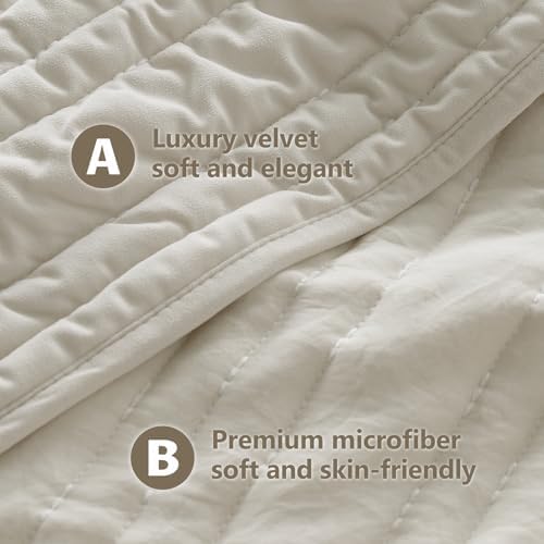 KASENTEX Queen Quilt Set 3 Pieces with Pillow Shams Light Khaki Velvet Bedding
