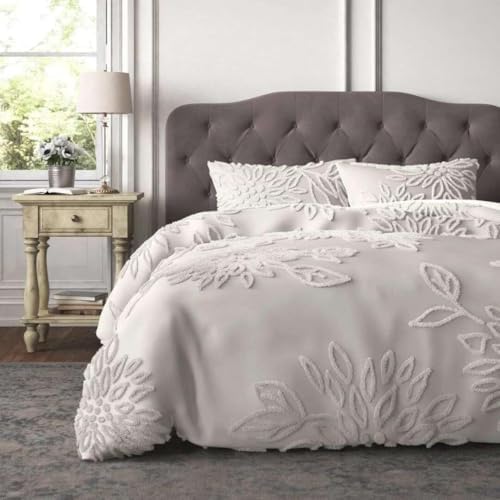 5 Piece Boho Tufted Duvet Cover Set - Ivory Leaf 1