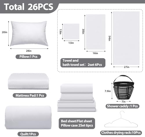 Hahafelt 26 Pcs College Dorm Bedding Set Twin XL White Essentials