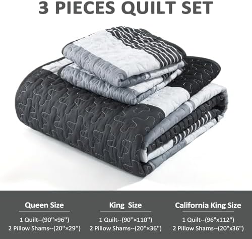 Dinjoy Boho Quilt Set Queen - Black White with Grey Striped
