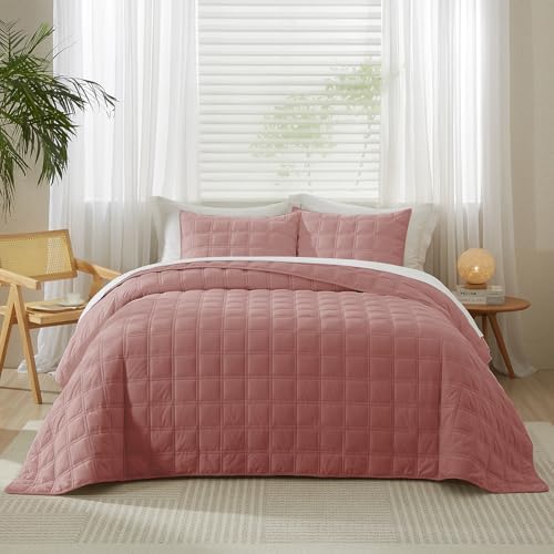 Wondnuga Velvet Quilt Set 3 Piece Pink FullQueen Size