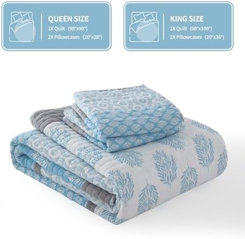 KALOOLA Light Blue Quilts Queen Size Set