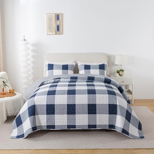 Soul Lane Blue White Buffalo Plaid Quilt Set - King Size