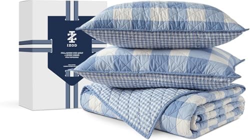 IZOD 100 Cotton Percale Quilt Set Reversible Twin Bedding Blue Gingham