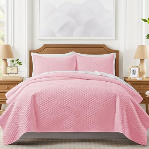 Lavsiry Pink Striped Quilt Set for California King Bed
