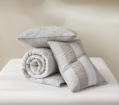 Chezmoi Collection Robyn Quilt Set - 2-Piece Neutral Taupe Gray White