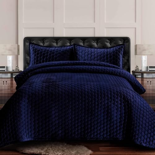 Tribeca Living Velvet Twin Quilt Set Navy Blue