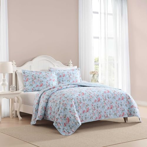 Laura Ashley Full Queen Quilt Set with Shams - Floral Print 100 Cotton