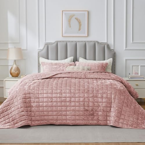 BEDELITE Velvet Quilt Set Queen - 3 Piece Luxury Dusty Pink Comforter Bedding