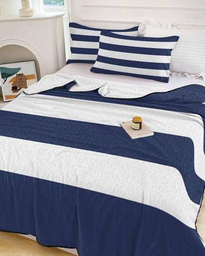 Chees D Zone Twin XL Quilt Set Navy Blue Nautical Stripes