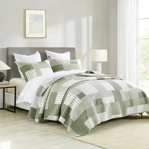 SahSahCasa Queen Size Quilt Set 3Pcs Green Brown