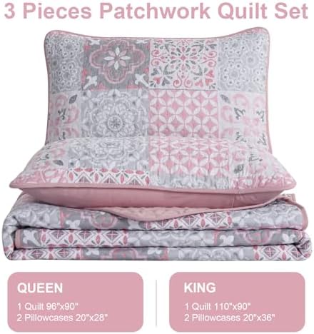 Dobuyly Pink Grey Quilt Set King Size