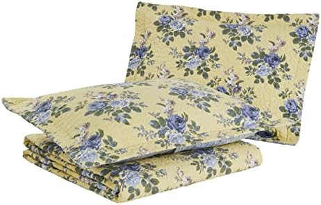 Laura Ashley Twin Quilt Set - Linley Yellow Reversible Cotton Bedding with Matching Sham