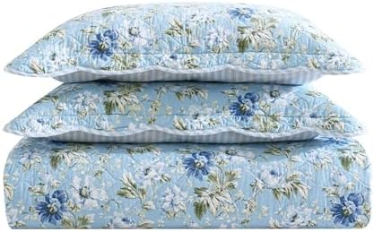 Laura Ashley Quilt Set with Scalloped Edges Peony Garden Blue FullQueen