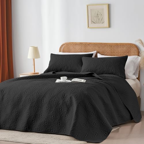 WURUIBO KingCal King Quilt Set Black Microfiber