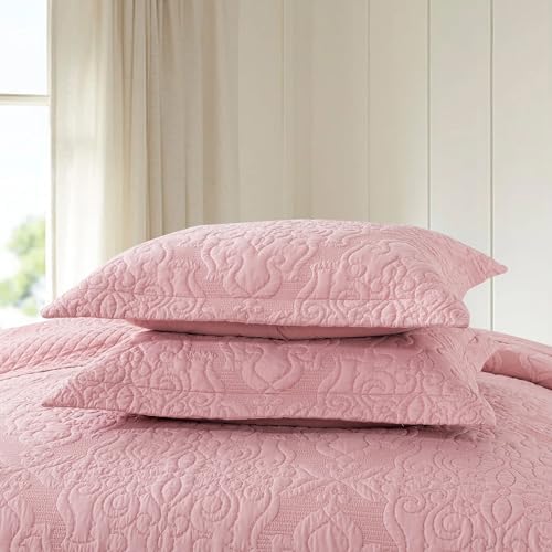 NEWLAKE Quilt Bedspread Set - Pink Floral Reversible Microfiber King Size