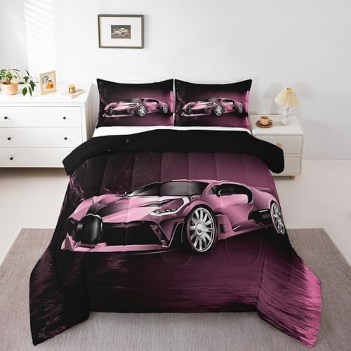 Feelyou Sports Comforter Set Pink Race Car Theme 3Pcs
