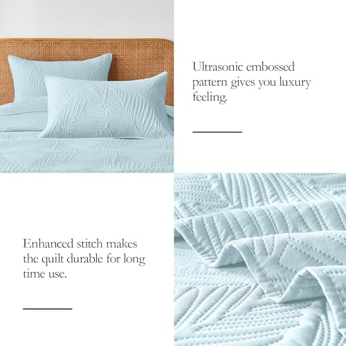 OARAGE Aqua Blue Twin Quilt Set with Leaf Pattern