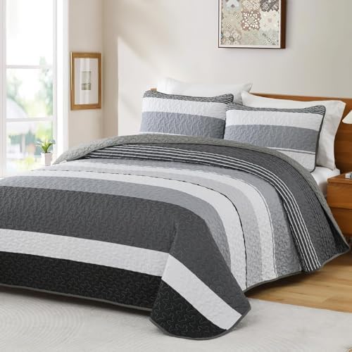 Dinjoy Boho Quilt Set Queen - Black White with Grey Striped
