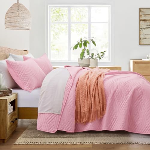 Lavsiry Pink Striped Quilt Set for California King Bed