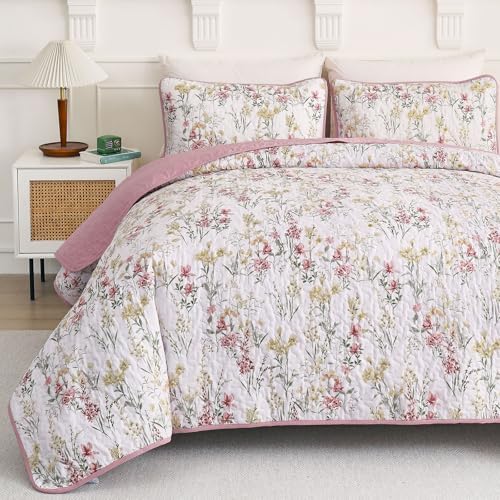 Anibedding King Size Quilt Set with Pink Floral Pattern 1