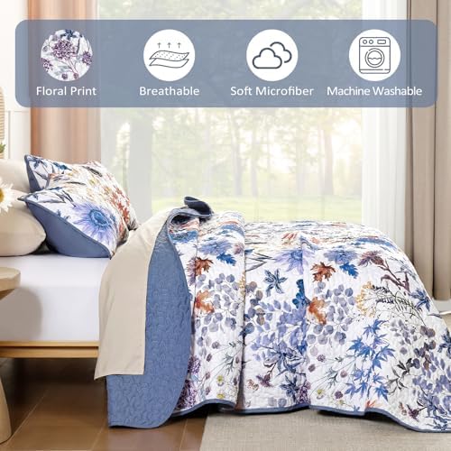 Yiran Blue Floral Queen Quilt Set 3-Piece