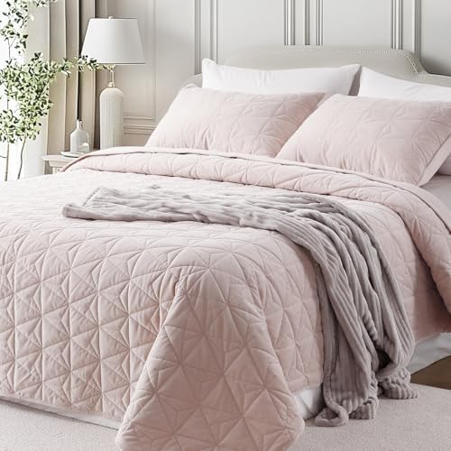 Luxury Velvet Oversized California King Quilt Set Rose Pink