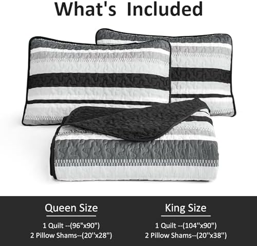 Wongs Bedding King Quilt Set 3 Pieces Black Striped Bedspread Coverlet with Shams