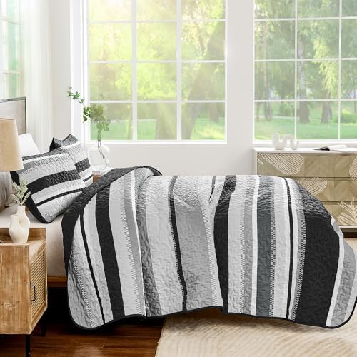Wongs Bedding King Quilt Set 3 Pieces Black Striped Bedspread Coverlet with Shams