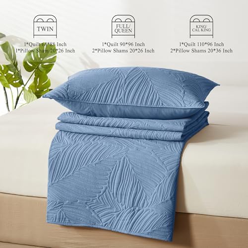 OARAGE Queen Quilt Set Soft Lightweight Bluish Grey with Leaf Pattern