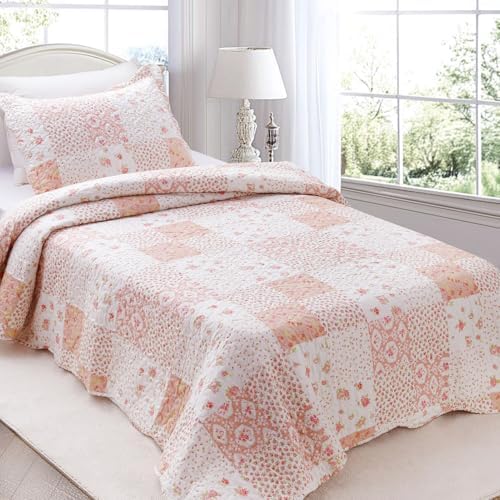 KASENTEX Twin Quilt Set 86x68 Pink Floral Patchwork