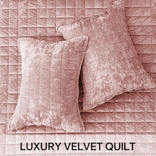 BEDELITE Velvet Quilt Set Queen - 3 Piece Luxury Dusty Pink Comforter Bedding