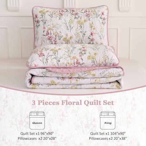 Anibedding King Size Quilt Set with Pink Floral Pattern 1