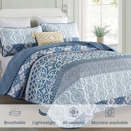 DJY Boho Quilt Set Queen Size 3 Pieces Navy Blue